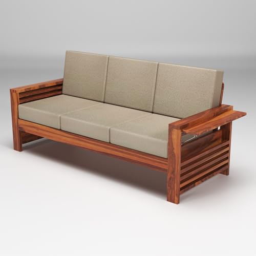 Image of Sheesham Wooden 3 Seater Sofa for Living Room | Rosewood 3 Seater Cushion Sofa with Side Teapoy for Home & Office | Solid Wood Sofa Set for Lounge (Honey,Grey,3 Seater)