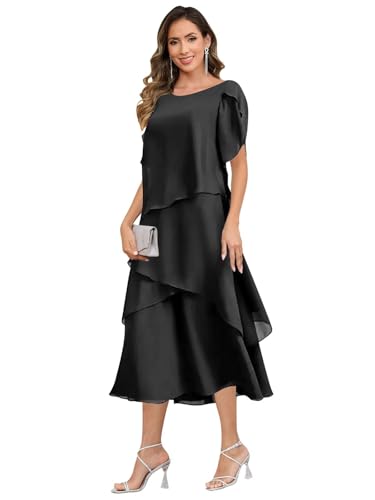 Mother of The Bride Dresses - Tea Length Short Sleeve Chiffon Tiered Formal Dress for Women