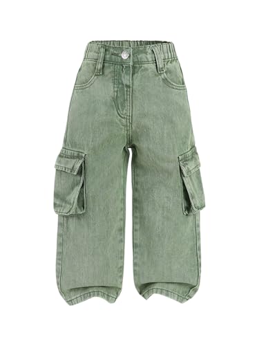 WDIRARA Toddler Girl's Baggy Cargo Jeans Elastic Waist Straight Leg Denim Pants with Flap Pockets