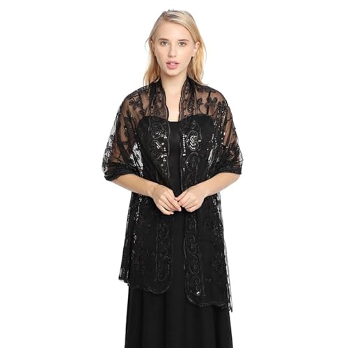 Greenery-GRE Womens Sheer Lace Shawl Evening Wrap Scarf Floral Mesh Sequined Cover Up for Formal Dress Wedding Party Prom3