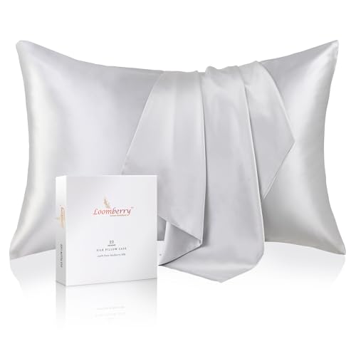 LOOMBERRY 100% Natural 22 Momme Pure Mulberry Silk Pillowcase for Hair and Skin Both Sides 22 Momme Highest Grade 6A with Hidden Zipper (Silver, Queen (50x76CM))