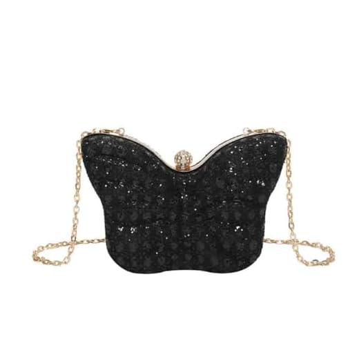 Bolsa de ombro feminina vazada de borboleta, bolsa de luxo com corrente de strass brilhante, linda bolsa de formatura para festa de casamento, Preto