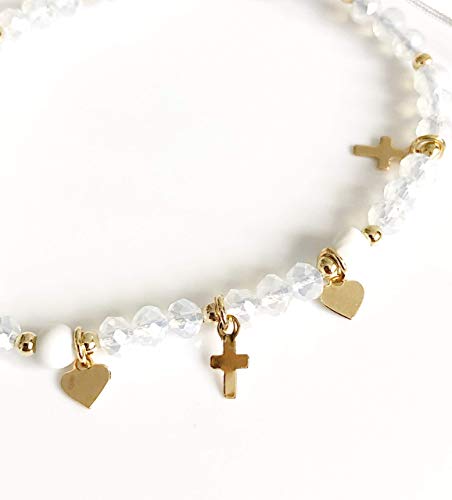 Sifrimania Cross Charm Bracelet Beaded White Crystal Catholic Gift For Women Or Girls thumb #1
