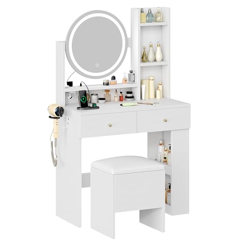 DWVO Makeup Vanity Desk with LED Lighted Mirror, White Vanity Set with Charger Station, Small Spaces Vanity Table for Bedroom, Adjustable 3 Lighting Modes, Makeup Table with Chair for Women, 31.5"