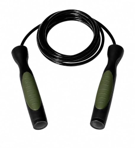 Image of Worldwide Adjustable Skipping Rope | 275 cm PVC Rope | Double Colour | Ball Bearing | Soft TPR Grip | Premium Plastic Handles | Fitness Jump Rope for Men, Women & Kids (Army Black)