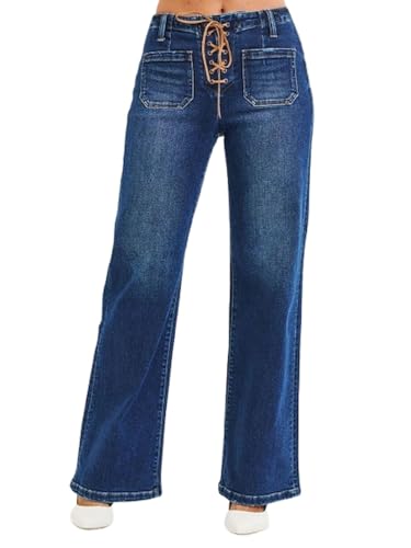 Women's Casual Wide Leg Lace Up Cargo Jeans Dark Blue High Waist (Dark,0)