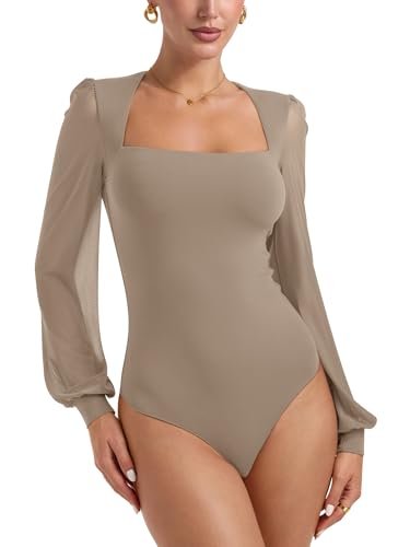 Image of PINKMSTYLE Women's Square Neck Double Lined Mesh Long Sleeve Bodysuits | Sheer Puff Sleeve Body Suit,Slim fit Trendy Going Out Tops,Concert Outfit