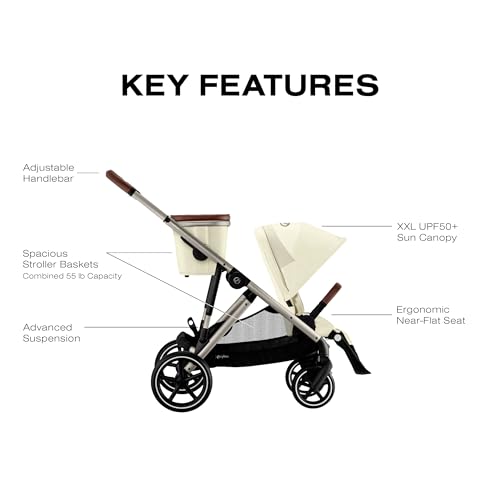 Cybex Gazelle S Stroller Modular Double for Infant and Toddler Includes Detachable Shopping Basket Over 20+ Configurations Folds Flat Easy Storage, Seashell Beige, 1.0 Count, 28.4 pounds