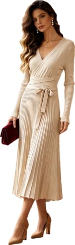 Image of RanRui Womens Winter Fall Pleated Knitted Fit and Flare Long Sleeve Sweater Dress