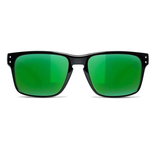 B.N.U.S Corning Glass Lens Polarized Sunglasses for Men & Women - Black Frame/Green Mirrored Lens