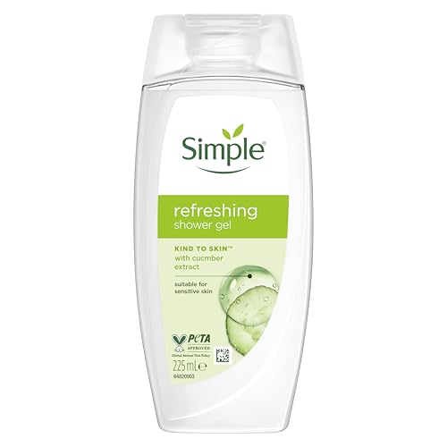 Simple Kind to Skin Refreshing Shower Gel pack of 6 body wash with natural cucumber extract for dry skin 225 ML, White