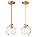 Audickic Brass Pendant Lights Kitchen Island 2 Pack, Farmhouse Gold Pendant Light with Clear Glass Globe Shade, Kitchen Island Lighting for Dining Room Entryway, AD-22280-1P2-GD-C