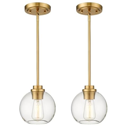 Audickic Brass Pendant Lights Kitchen Island 2 Pack, Farmhouse Gold Pendant Light with Clear Glass Globe Shade, Kitchen Island Lighting for Dining Room Entryway, AD-22280-1P2-GD-C Cover