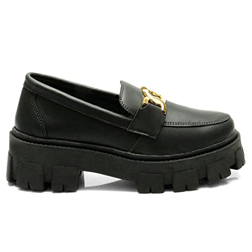Mocassim Feminino Tratorado GuGi Com Metal Oxford Plataforma Blogueira Leve 403-GG (38, Preto)
