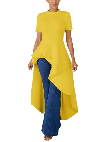 Image of Lrady Womens Casual Shirt Dress High Low Irregular Ruffle Hem Blouse Asymmetrical Peplum Long Tunic Tops