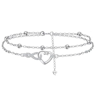 Arrebol Tobillera Pulsera infinito Corazón Plata de Ley 925 para Mujer Tobillera infinito con Cuentas y Circonita Verano Descalzo Playa Cadena de Pie Ajustable 22+4cm