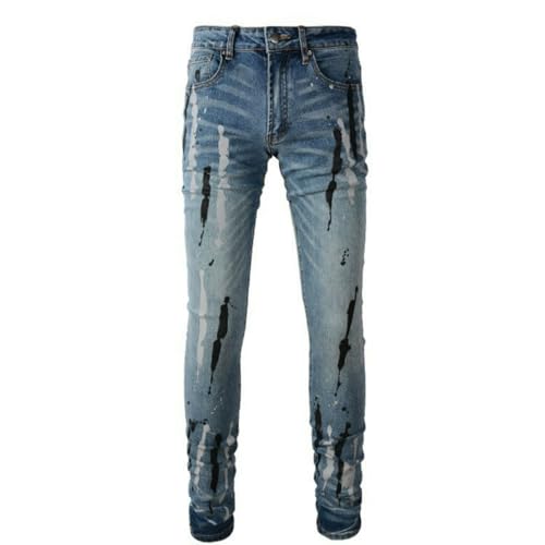 Jeans Pants Trousers Denim Men Street Trendy Spray Paint Dot Print Classic Retro Washed Blue Elastic Slim Fit Casual(Blue,33)2