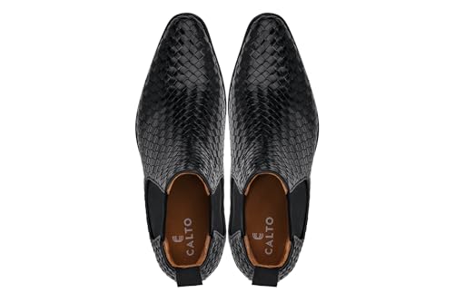Image of CALTO Men's Invisible Height Increasing Elevator Shoes - Black Premium Leather Woven Slip-on Chelsea Ankle Boots - 3.3 Inches Taller - K30521 - Size 6 D(M) US