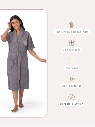 Image of RANGOLI Premium Women's Knee-Length 460 GSM Bamboo Bathrobe in Half Sleeves with 2 Pockets & Belt Closure with Ultra Soft Fabric & Skin-Friendly (Grey-L) | Royal Bamboo