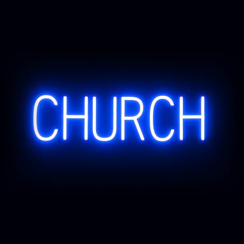 SpellBrite CHURCH Sign | Worship-Related Sign with Neon Look, Blue LED Light Source | 24.6" x 6.3"