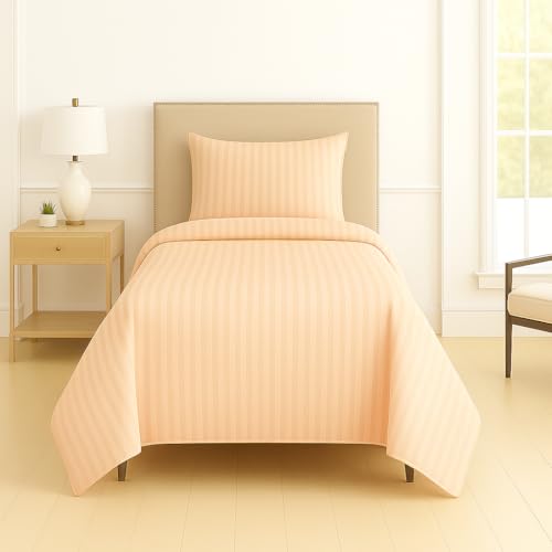 Image of DECOR2ADMIRE 300 Thread Count Premium Glace Cotton Plain Stripe Single Bedsheet with One Pillow Cover (60 inch x 90 inch) (Peach, Pack of 2)