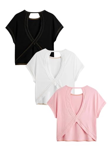Image of RoseSeek Women's 3 Packs Open Back Tops T Shirt Criss Cross Cut Out Tee Short Sleeve Crewneck Summer Backless Tops