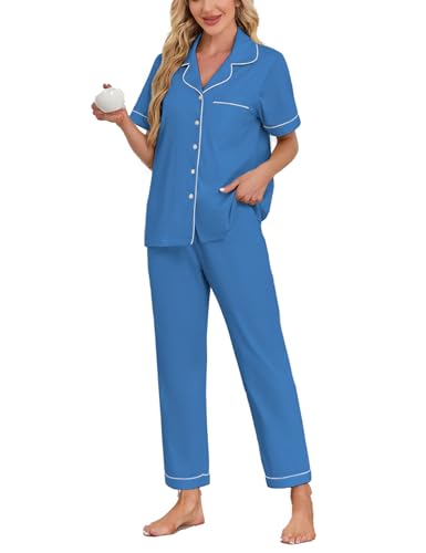 Image of COLORFULLEAF Women's 100% Cotton Pajamas Set Button Down Sleepwear Short Sleeve Shirt and Long Pants Soft Ladies Lounge Sets