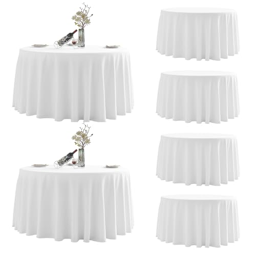 LEQEE Round Tablecloth,6 Pack 120inch Stain and Wrinkle Resistant Polyester Table Cloth,Decorative Fabric Table Cover for Kitchen,Dinning,Party,Wedding Round(White)