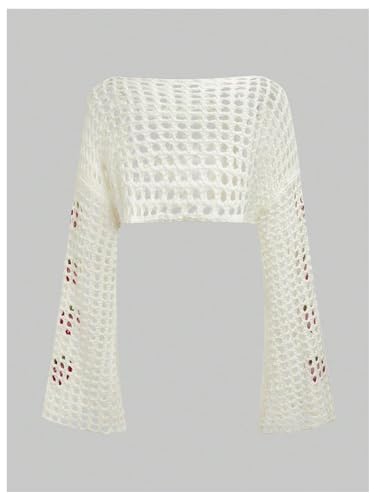 SHENHE Women's Strawberry Top Y2k Knit Shrug Sweater Crochet Crop Hollow Out Long Sleeve See Through Sweater Tops2