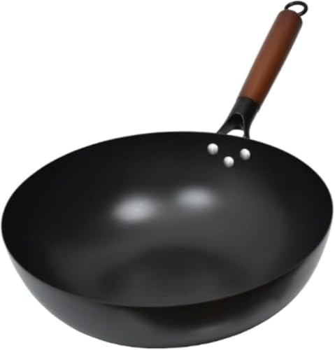 GEBYUI 手作り鉄製中華鍋 片手取っ手 胡桃木ハンドル 窒化加工防錆 焦げ付き防止 軽量省エネ ガスレンジ対応 炒め物専用 家庭用調理鍋?