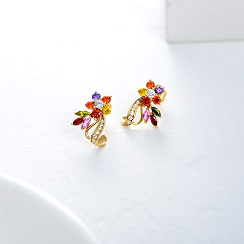 14K Real Gold Flower Stud Earrings For Women,Yellow/Rose Gold Created Moissanite Flower Leaf Stud Wrap Earrings,Anniversary Birthday Present For Wife Mom Girlfriend #TOP2