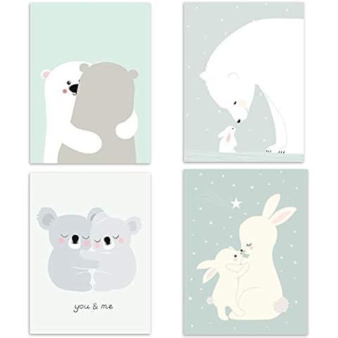 Set of 4 Nursery Baby Room Poster Picture DIN A4 Girl Boy Decoration for Children's Room Forest Animals Safari Scandinavian 4-3 Cover