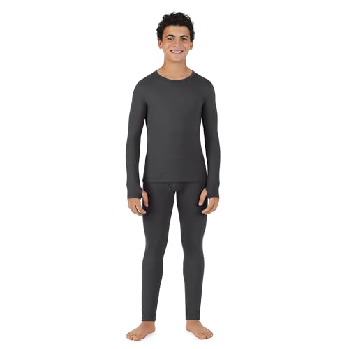 Cuddl Duds Boys Heavyweight Fleece Lined 2 Piece Thermal Underwear Set – Long Sleeve Shirt & Leggings Base Layer for Cold Weather – Winter Clothing Long Johns Lounge Sets for Kids, Grey, XL