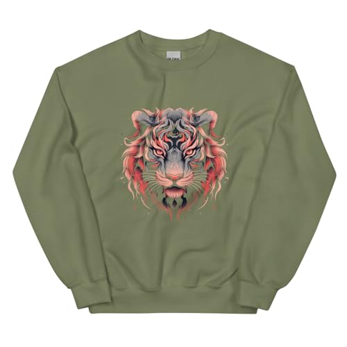 Sweat-shirt visage de tigre unisexe vert militaire XX-Large en molleton confortable