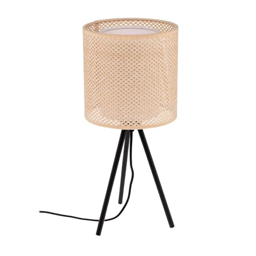 Lindby Dreibein Tischlampe Textil, Kunststoff Rattanlook Nachttischlampe Tischleuchte 1x E27 ohne Leuchtmittel Schlafzimmerlampe Nachttischleuchte