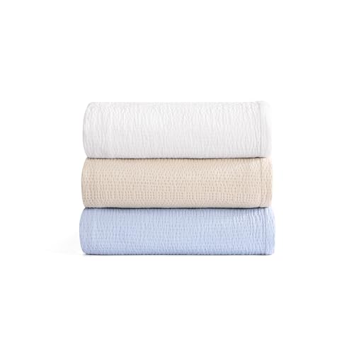 Image of Tommy Hilfiger - Queen Cotton Blanket, Woven Running Stitched Bedding, Medium Weight Soft Blanket, Anti-Pilling & Fade Resistant, Ideal for Layering, Oeko-TEX Certified (White)
