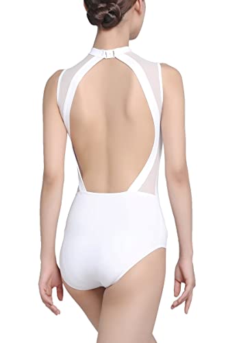 s.lemon Nackennetz Rückenfrei Gymnastik Trikots Ballett Tanz Trikots für Damen,mit BH Pad Weiß 160