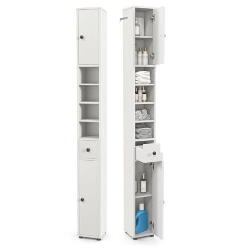 LIFEZEAL Hochschrank 180 cm, Badezimmerschrank Schmal, Badschrank Holz mit Fächern & Schublade, Badkommode mit verstellbaren Regalen für Badezimmer, Wohnzimmer, Küche (Weiß-Holz)