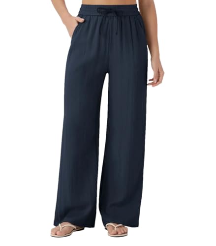 Women Wide Leg Casual Beach Pants Cotton Linen Summer Lounge Pants Travel Work Trousers with Pockets