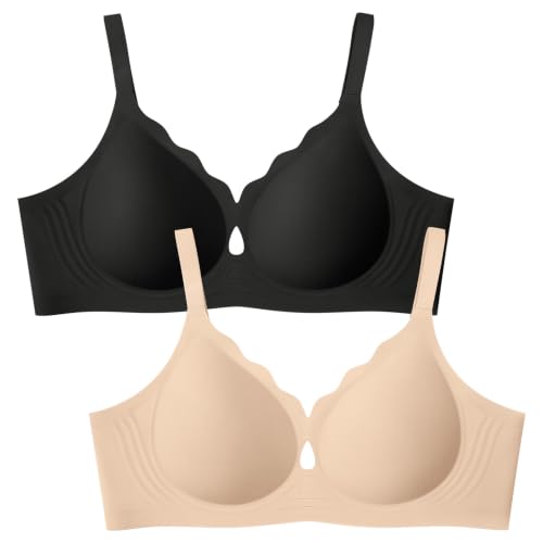 ProKloud Bras for Women No Underwire Wireless Full Coverage Jelly Bras Black+Nude X-Large