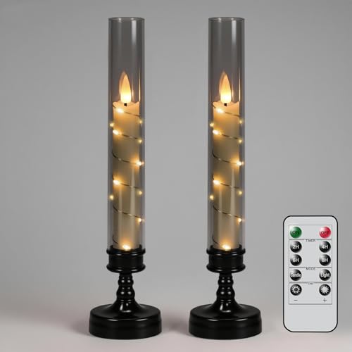 GenSwin Halloween Flameless Taper Candles with Remote and String Lights, Black Halloween Flameless Candles Battery Operated, 2 Pcs LED Flickering Candlesticks for Home Window Table Decor(D2.2”xH10”)