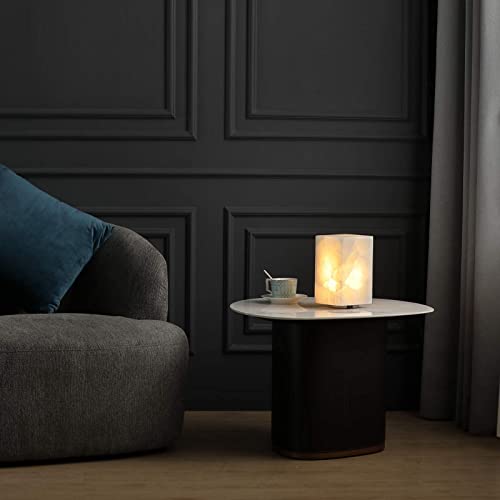 Phiestina Handcrafted Solid Stone Lamp Carved From Natural Calcite, Unique Lamp With One-Of-A-Kind Crystal Texture, Dimmable Small Table Lamp For Bedside Bedroom, Accent Lamp, Cuboid White #TOP4