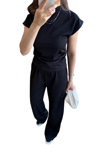 Image of Women's 2 Piece Outfits Casual Summer Cap Sleeve Ribbed Pant Sets Tracksuit