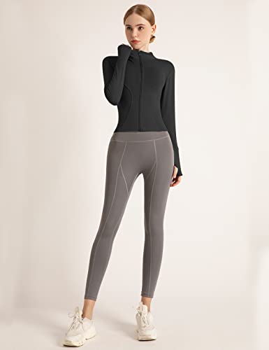 Gacaky Women's Slim Fit Lightweight Athletic Full Zip Stretchy Workout Running Track Jacket With Thumb Holes Black M #TOP4