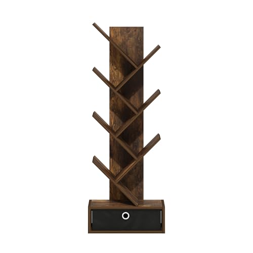 Image of Furinno Tree Book Shelf, 7-Tier Bookshelf, Tree Bookcase with Bin Drawer, 8.4 x 16.9 x 46.2, for Living Room, Bedroom, Home Office, Amber Pine /Black