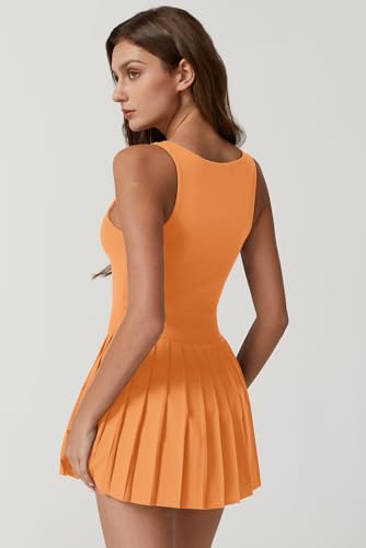 Image of QINSEN Womens Square Neck Tennis Dress Pleated Sleeveless Built in Shorts Golf Athletic Dress with Pockets
