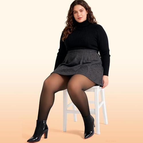 Image of WiliW Plus Size Fleece Lined Tights for Women, Sheer Winter Warm High Waist Thermal Tights Fake Translucent
