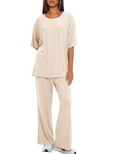 Image of Darong Women's Two Piece Sets Casual Short Sleeve Top Wide Leg Pants Lounge Matching Set Travel Vacation Airport Outfits