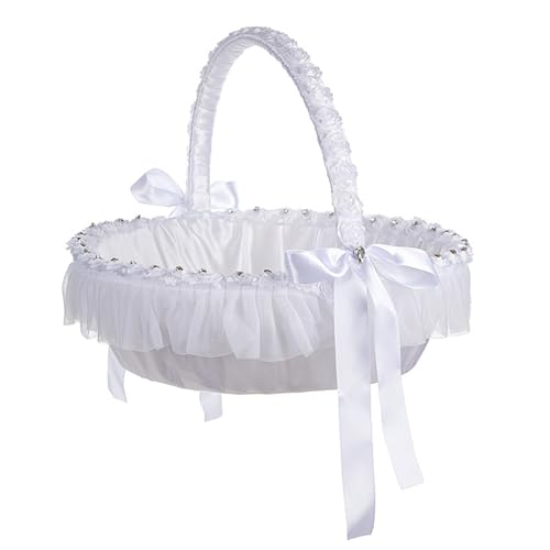 YPLOJOUO Unique Flower Girl Baskets Flowers Wedding Baskets with Lace Flowers Rhinestones and Bow for Party Decoration (White, 35cm*30cm)