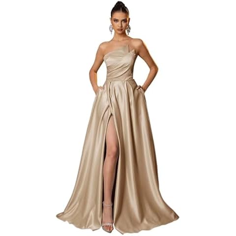 Women's Satin Prom Dresses with Slit 2025 Long A Line Formal Evening Dress Strapless Ball Gown with Pockets Champagne Cover